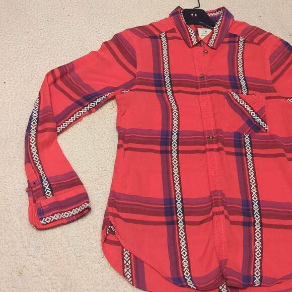 American Eagle Womens M Vintage Boyfriend Red Plaid Long Sleeve Flannel Shirt - Picture 2 of 7